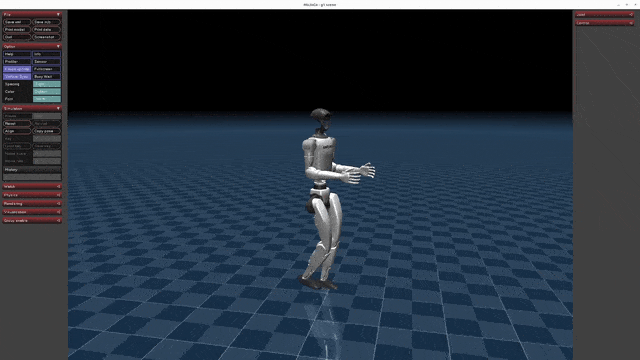 Unitree H1 humanoid robot simulation walking on a blue checkered grid displayed on a screen, featuring detailed motions.