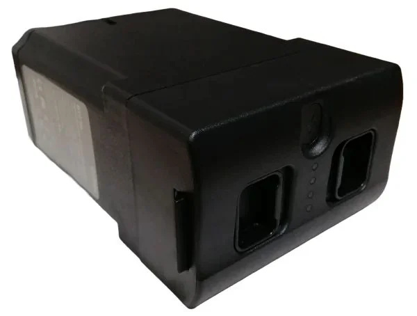 Unitree H1 robotic battery pack, black rectangular casing, two connectors, side branding label visible, designed for Unitree robotics devices.