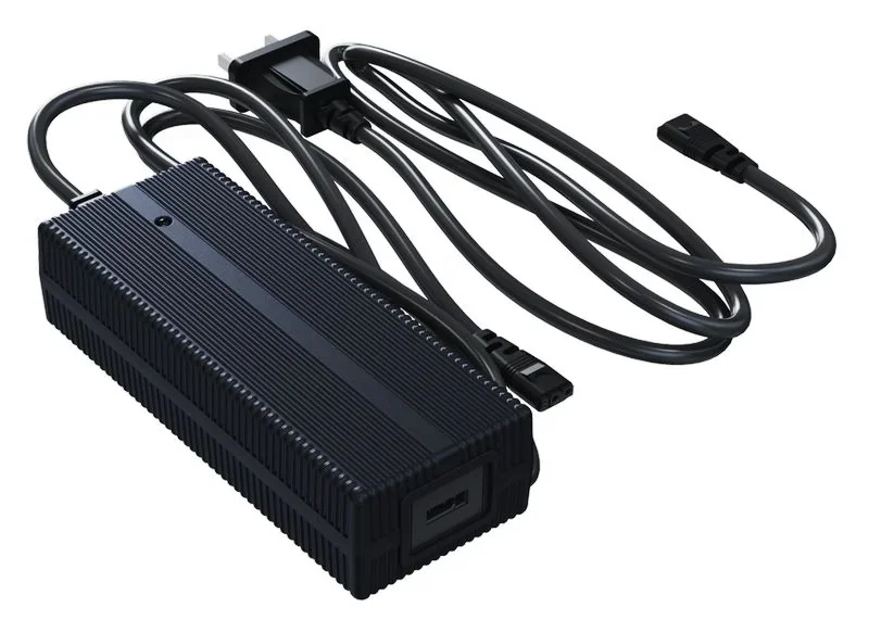 Unitree H1 power adapter with ribbed black casing, cable, and plug; designed for charging robotics components.