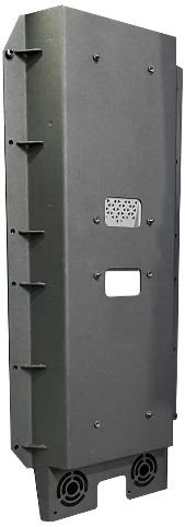 An image of a sleek, rectangular component, presumably a part of the Unitree H1. The black casing features vents and attachment points, suggesting its role in housing or protecting internal electronics. The design is minimalistic, with screws visible along the edges and two ventilated areas at the bottom, likely for cooling purposes.