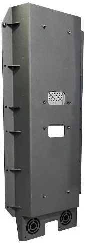 Unitree H1 casing with a gray, rectangular design, featuring ventilation holes, and fan outlets. Industrial, sleek appearance suggests part of robotics hardware.