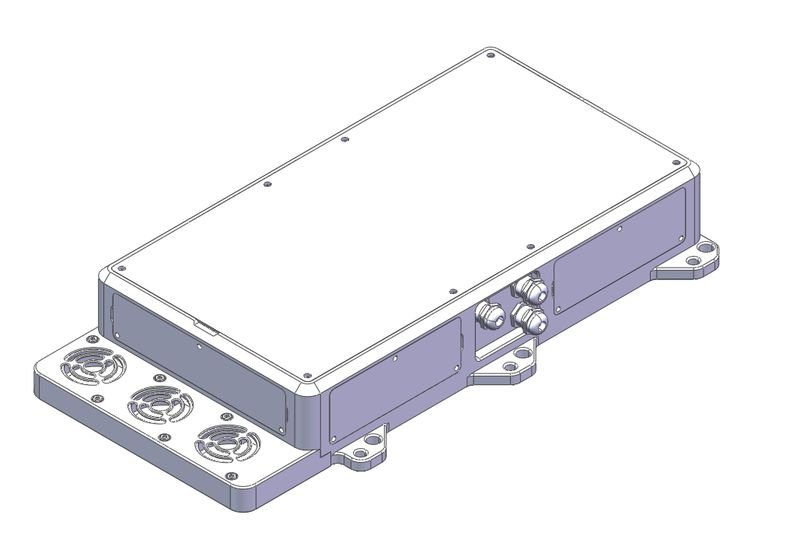 A detailed technical illustration shows a rectangular mechanical component, likely a part of the Unitree H1. This component features a main body with a sleek, flat top surface and several mounting points on the edges. Visible are dual input connections on the side and three circular fan outlets at one end, suggesting ventilation for electronic components. The design implies a functional element potentially related to power or processing.