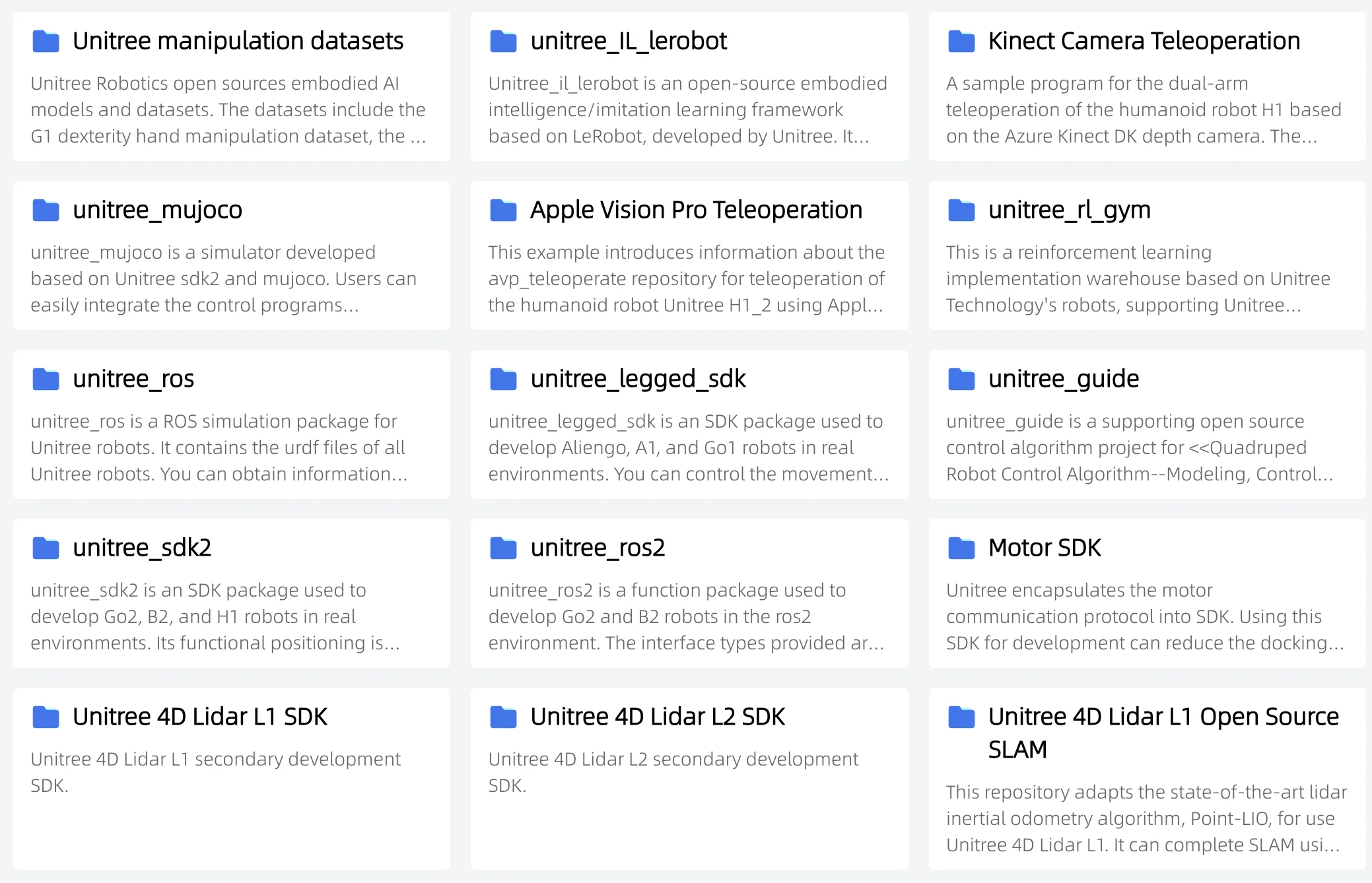 Unitree H1 robot development resources and SDKs; folders include simulation tools, teleoperation, reinforcement learning, and lidar development.