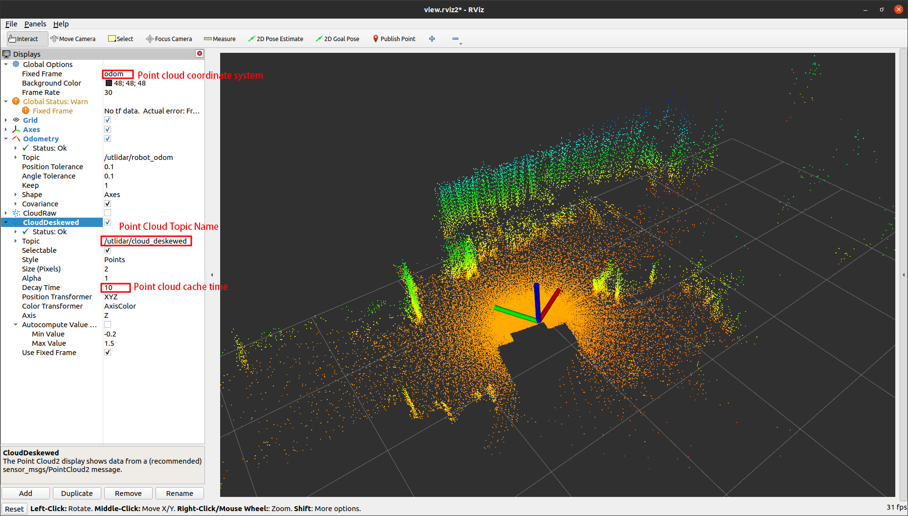 RViz point cloud visualization by Unitree H1 showing coordinate axes, configuration panel, and color-coded spatial data on a grid.
