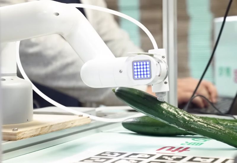 A Japanese farmer, for example, uses the QR code recognition and a suction pump to sort cucumbers on the Elephant Robotics myCobot 320 M5Stack