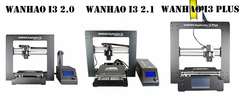 A side-by-side comparison of 3 3D printers: Wanhao Duplicator i3 2.0, Wanhao Duplicator i3 2.1 and Wanhao Duplicator i3 Plus